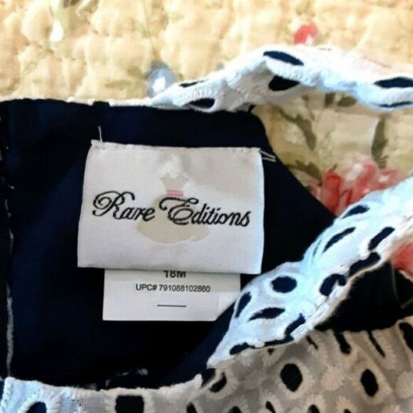 Rare Editions Dress White Eyelet Lace Navy Lining Daisy Detail Size 18 Months - Picture 4 of 8